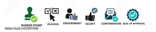 Business Approval and Confirmation Icons Set – Rubber Stamp, Decision, Endorsement, and Acceptance Vector Symbols