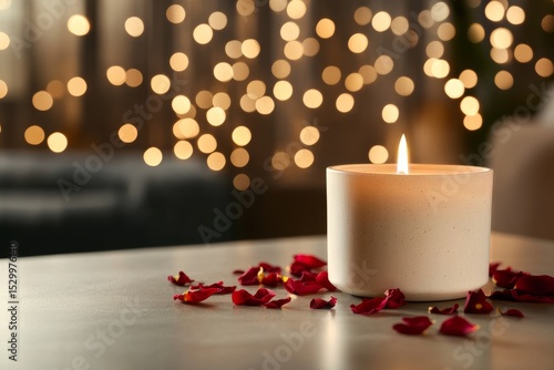 Candle Flame Surrounded by Rose Petals on a Table With Warm Bokeh Background ...