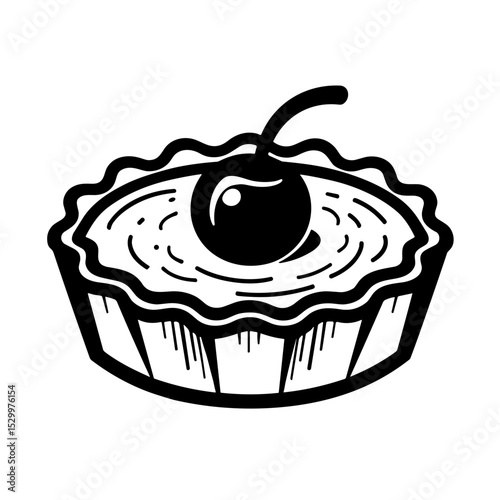 Monochrome cherry tart with crust and fruit filling in sketch style