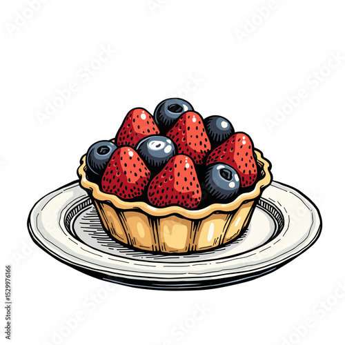 Fruit tartlet with strawberries and blueberries in colorful realistic style