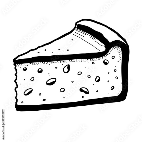 Monochrome slice of cheesecake with dotted surface and crust base