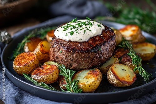 Juicy Grilled Steak With Creamy Sauce and Roasted Potatoes on a Rustic Table.