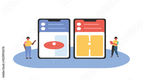 Illustration of two mobile phones with different app interfaces and two people standing nearby
