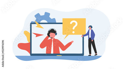 Customer support agent on a screen with a question mark and a person standing next to the screen