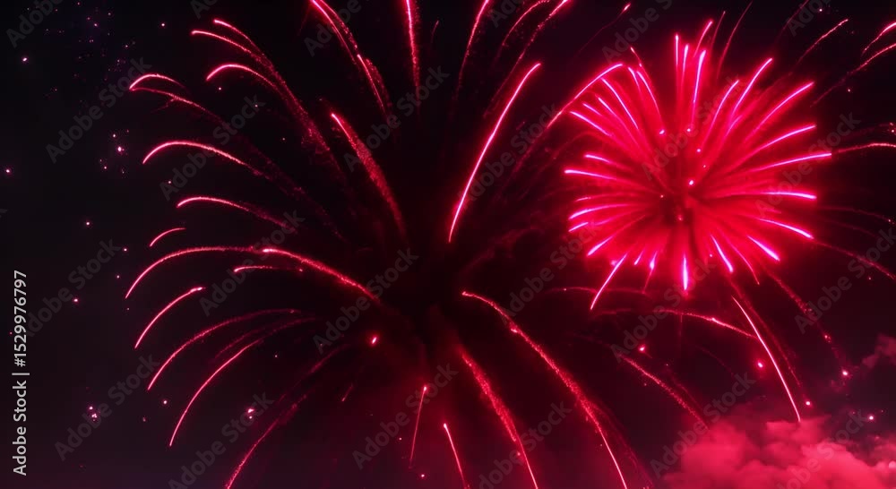 Fireworks Display A dazzling display of red fireworks explodes in the night sky casting a vibrant glow against the dark backdrop 4K