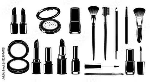 Illustration of various makeup products and cosmetic accessories in black and white