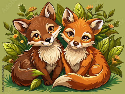 vector of Wild brown velvet fox cubs hugging together...