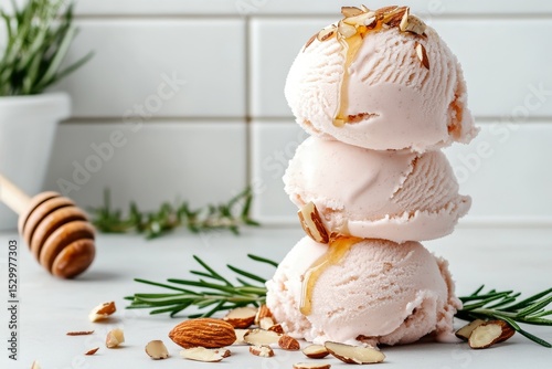 Delicious Scoop of Creamy Ice Cream Topped With Honey and Almonds on a Marble...