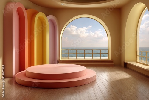 Pastel archway room with ocean view and two tiered display platform