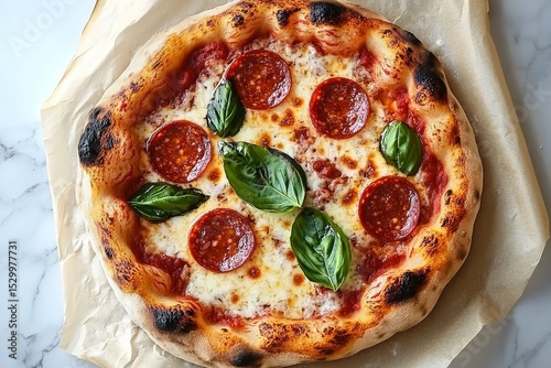 Delicious Pepperoni Pizza With Fresh Basil on a Marble Countertop Ready to Enjoy