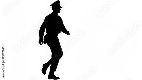 Silhouette of a police officer in uniform walking with a determined stride against a white background created with generated ai