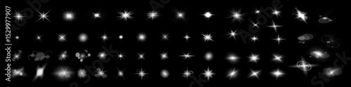 Glow isolated white transparent starlight effect set, lens flare, explosion, line, sun flash, glitter, spark and stars. Abstract special effect element design. Shine ray with lightning,