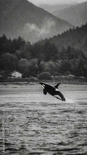 Orca Breaching in Calm Waters Near Coastal Houses During Overcast Weather