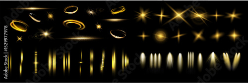 Starlight effect set and spotlight. Glow isolated white transparent light effect set, glitter, line, sun flash, dust, stars, sunlight, spotlight, swirl, spiral, portal or tunnel. Abstract