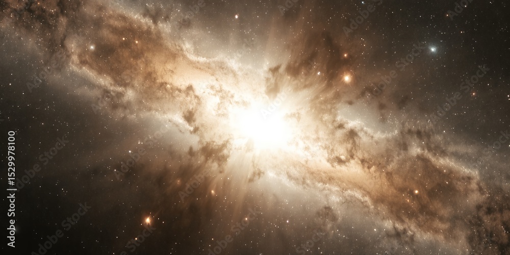 Obraz premium A bright nebula with stars shining in the dark space with brown and white clouds surrounding it