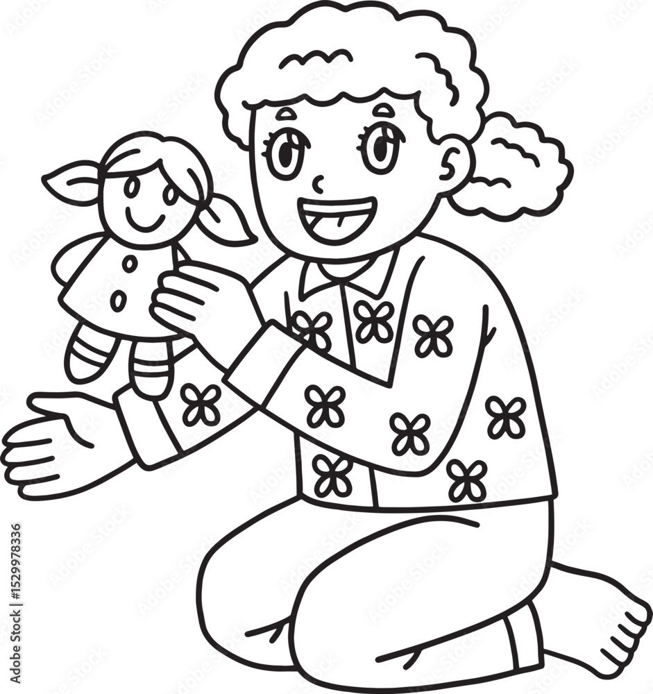 Sleepover Girl Playing a Doll Isolated Coloring Sleepover Girl Playing a Doll Isolated Coloring