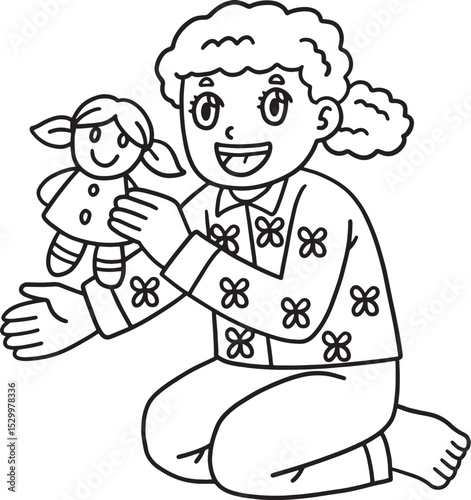 Sleepover Girl Playing a Doll Isolated Coloring 