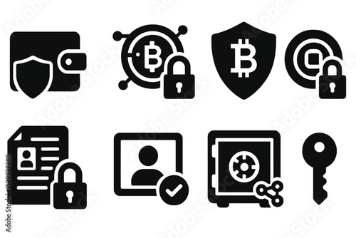 Crypto Security Icons. Solid style icons of crypto protection: wallet shield, encrypted coin, crypto security, token lock. Solid
