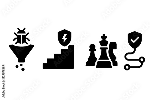 Cyber Strategy Icons. Solid style icons of cyber strategies: threat funnel, breach steps, defensive chess, security roadmap. Solid