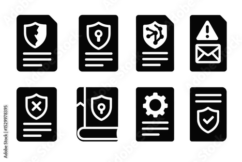 Cybersecurity Icon Set. Solid style icons of cybersecurity reading: breach report, policy document, whitepaper, alert newsletter.