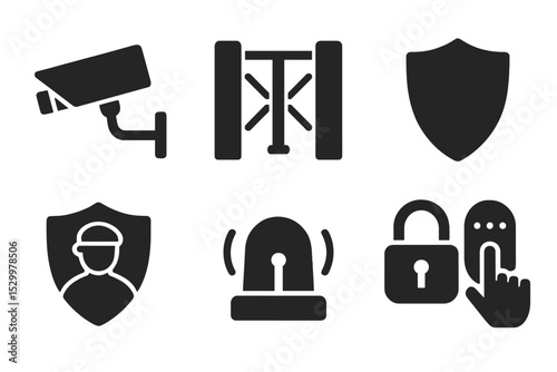 Urban Security Icons. Solid style icons of urban security: surveillance cam, access gate, shield icon, padlock unit. Solid style