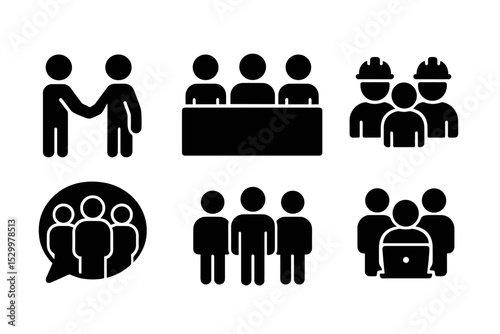 Solid Team Icons. Solid style icons of collaboration teams: partner grid, group panel, urban task force, co-op crew. Solid style
