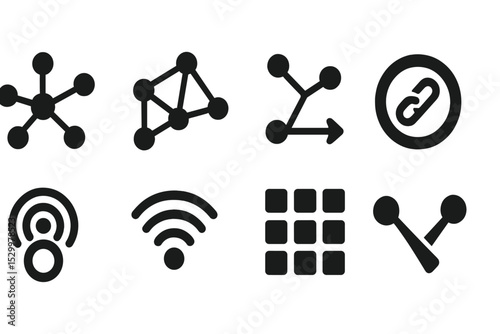 Solid Network Icons. Solid style icons of smart networks: node map, mesh connection, network route, digital link. Solid style of