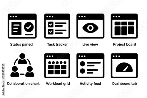 Solid Dashboard Icons. Solid style icons of team dashboards: status panel, task tracker, live view, project board. Solid style of