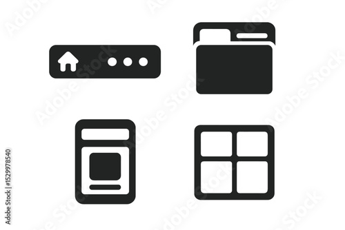 Solid UI Icons. Solid style icons of user interfaces: nav bar, tab group, app screen, interactive zone. Solid style of layout