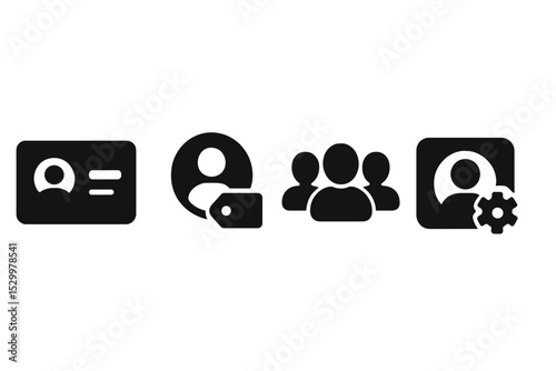User Role Icons. Solid style icons of user roles: avatar ID, profile tag, team member, collaborator icon. Solid style of role