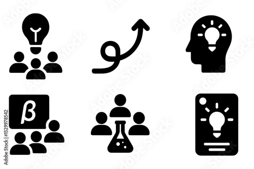 Innovation Icon Set. Solid style icons of innovation in teams: discovery lightbulb, new path, system update, smart idea. Solid