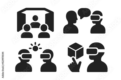 VR Collaboration Icons. Solid style icons of VR collaboration: virtual room, avatar view, immersive meeting, 3D board. Solid style