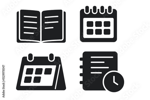 Solid Planner Icons. Solid style icons of planners: open planner, spiral schedule, calendar book, daily overview. Solid style of