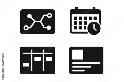 Stylized Planning Icons. Solid style icons of planning systems: roadmap card, event planner, timeline board, project layout. Solid