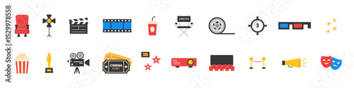 Cinema icons. Movie icon set. Isolated cinema vector set. Movie theater signs.