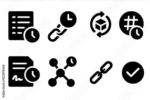 Blockchain Task Icons. Solid style icons of blockchain tasks: ledger timeline, chain schedule, block sync, time-stamped hash.