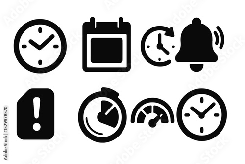 Deadline Management Icons. Solid style icons of deadline management: ticking clock, red calendar mark, due time icon, alert bell.