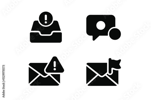 Notification Icons Collection. Solid style icons of email and message alerts: inbox alert, message ping, deadline email, flagged