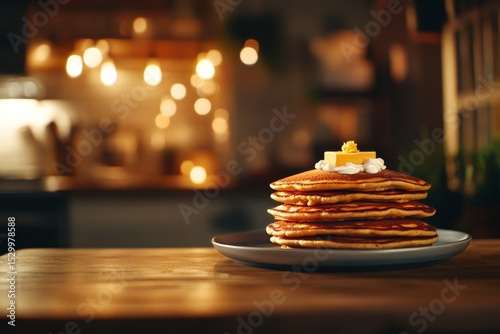 Delicious Stack of Fluffy Pancakes With Butter on Top Served in a Cozy Kitche...
