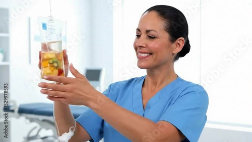 In a well-lit clinic room, a cheerful nurse is holding an IV drip bag filled with tropical fruits and juices for vitamin infusion therapy. slow motion scene	
