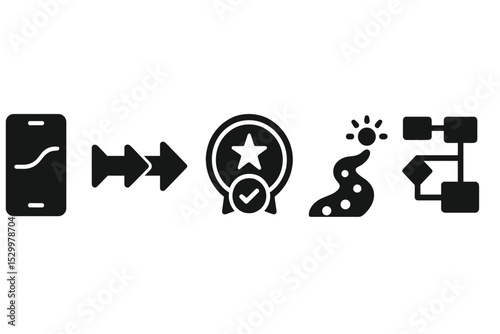 Solid Workflow Icons. Solid style icons of focus flow paths: app with progress line, focus stream with arrows, milestone tracker