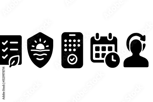 Mindful Digital Icons. Solid style icons of mindful digital routines: daily checklist with leaf, calm routine badge, app with
