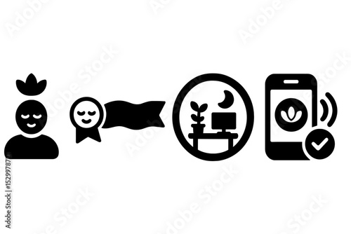 Focus Zone Icons. Solid style icons of peaceful focus zones: focused user icon, calm focus streak, serene workspace badge, app
