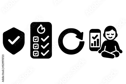 Mindful Digital Icons. Solid style icons of mindful digital routines: digital routine badge, app with habit streak, mindful