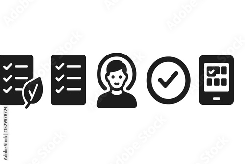 Solid Task Management Icons. Solid style icons of mindful task management: checklist with leaf badge, calm task list, focused user