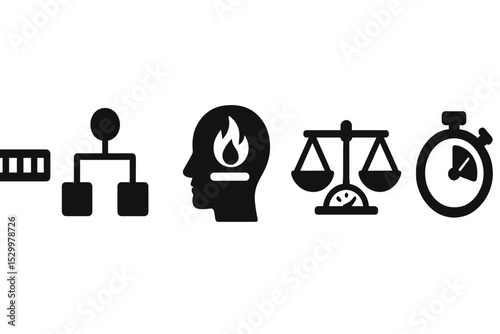 Balanced Digital Icons. Solid style icons of balanced digital focus: progress bar with even segments, calm workflow flowchart,