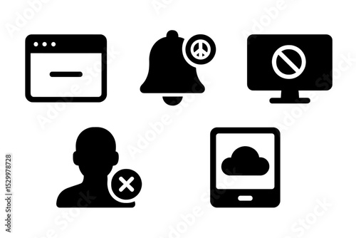 Quiet Digital Icons. Solid style icons of quiet digital workspaces: minimal app window, peaceful notification badge, digital quiet