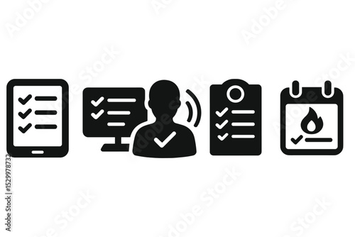 Mindful Task Icons. Solid style icons of mindful task management: task planner screen, digital task progress, user with task aura,