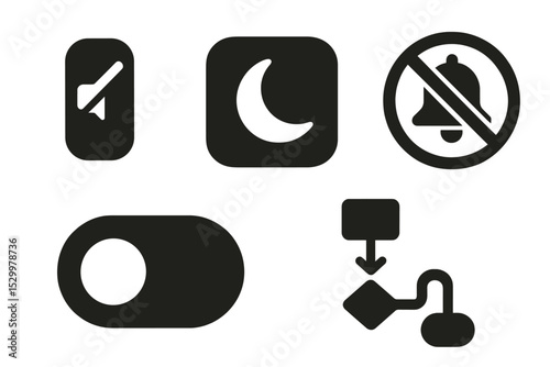 Silent Productivity Icons. Solid style icons of quiet digital productivity: mute switch with glow, quiet mode app icon,