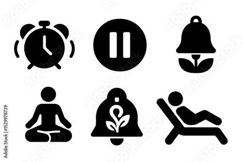 Mindful Break Icons. Solid style icons of mindful work breaks: timer with gentle pulse, pause session icon, calm break reminder,